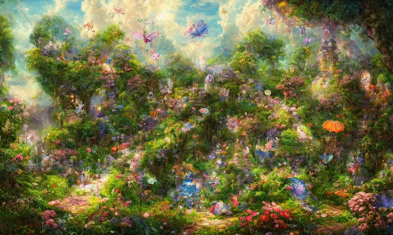 Prompt: a beautiful detailed painting of a alice garden in the clouds, fairy tales, butterflies, a crystal ship, light effect, trending on artstation