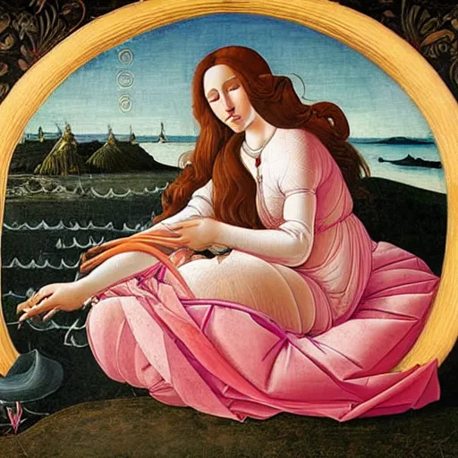 Prompt: an ultradetailed mythological oil painting of a beautiful woman with long brown hair, full body, wearing pink floral gown, lying asleep inside a giant scallop shell, near the seashore, intricate lines, elegant, renaissance style, by sandro botticelli