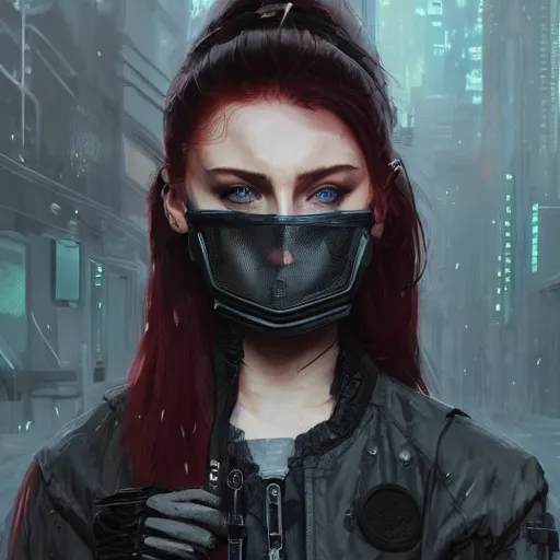 Image similar to sophie turner, streetwear techwear cyberpunk style outfit, partial mask, detailed portrait, intricate complexity, by greg rutkowski, cushart krentz, artgerm, ross tran, conrad roset, takato yomamoto, ilya kuvshinov. 4 k, beautiful, cinematic dramatic atmosphere, portrait lighting