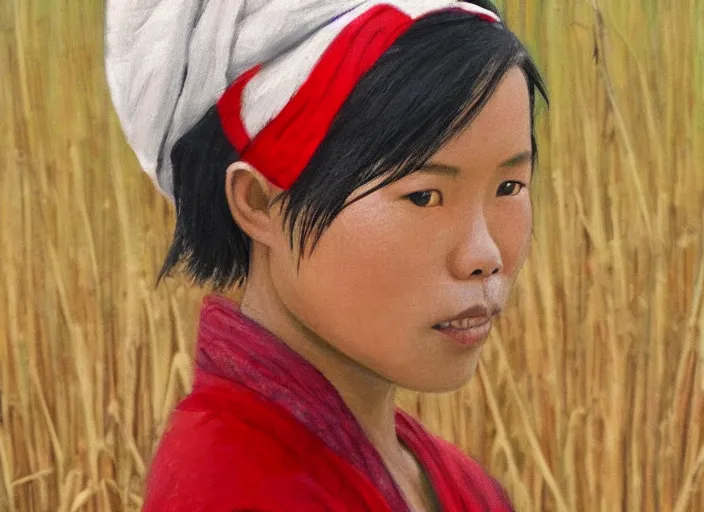 Image similar to realistic portrait photorealistic, background in the rice fields. indonesian woman in clothes made of rice straw, wearing a red and white bandana. fine art, trending on artstation, smooth draw, sharp focus, good lighting, no anomalies.