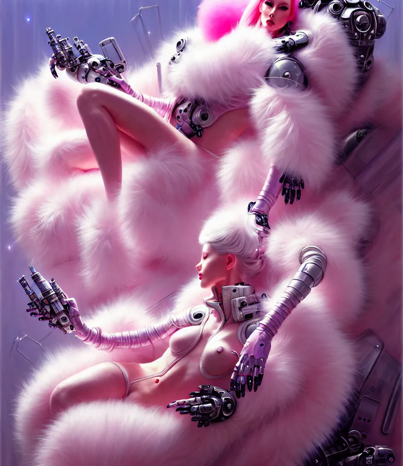 Image similar to beautiful fantasy character portrait, wearing pink puffy bomber jacket with white fur, seductive reclining pose, futuristic robots sitting, ultra realistic, dramatic lighting, robots, the fifth element artifacts, highly detailed by peter mohrbacher, hajime sorayama, wayne barlowe, boris vallejo, aaron horkey, gaston bussiere, craig mullins
