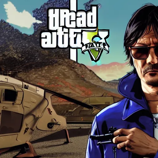 Image similar to Hideo Kojima in GTA 5, cover art by Stephen Bliss, boxart, loading screen