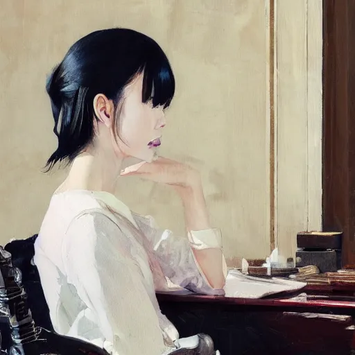 Image similar to oil painting by wlop, conrad roset, coby whitmore, of a youthful japanese beauty sitting on antique chair leaning against a desk, sideview, victorian room