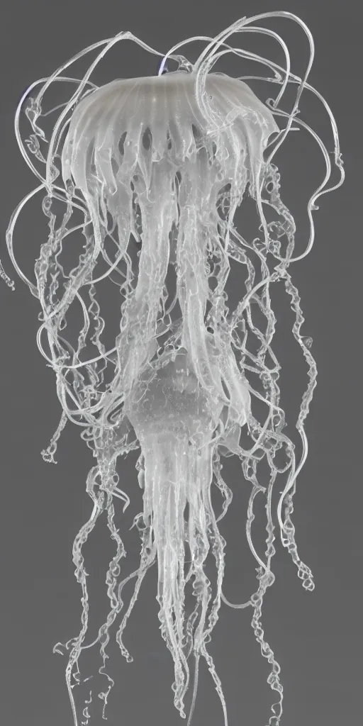 Image similar to a photorealistic render of a neotribal jellyfish, made of melted plastic and marble, c 4 d, by zhelong xu and ernst haeckel, wide angle, hyper realistic, plain black background, 8 k, volumetric lightning, octane render