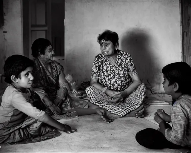 Image similar to A grandma telling stories to her grandchildren in a Indian suburban home, Photograph by andrei tarkovsky, shot on a large format film camera, 8K