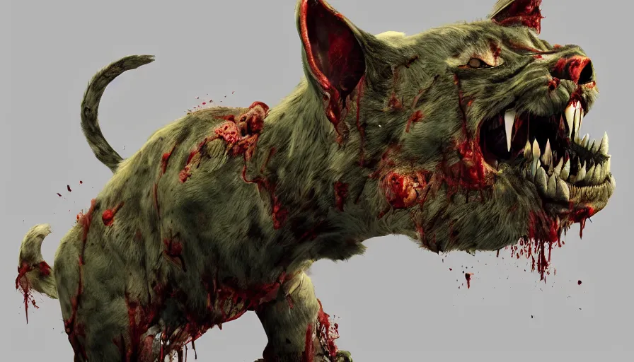 Image similar to zombie cat with sharp teeth, bloody eyes and nostrils, hyperdetailed, artstation, cgsociety, 8 k