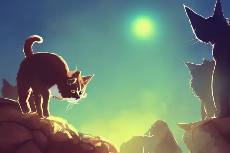 Image similar to cat standing on a rock in front of a crowd of cats, backlighting, digital art, trending on pixiv, fanart