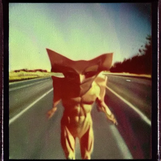 Prompt: found polaroid picture, flash, mutant creature in the middle of a deserted highway, eerie