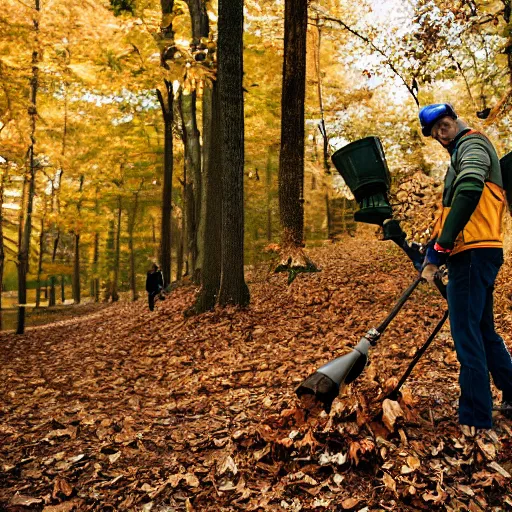 Image similar to men with leaf blowers fighting the falling leaves in a forest, detailed face, CANON Eos C300, ƒ1.8, 35mm, 8K, medium-format print