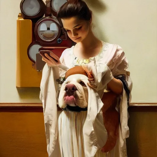 Image similar to a dog watching tiktok on iphone, oil on canvas artstation by J. C. Leyendecker and Edmund Blair Leighton and Charlie Bowater octane render