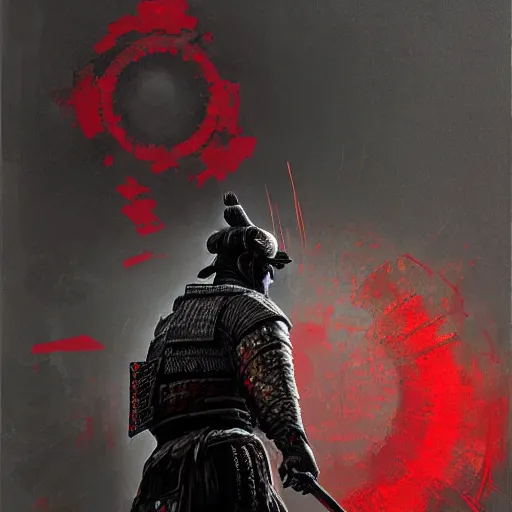 Image similar to artwork by Craig Mullins and Russ Mills and SPARTH showing a samurai in front of a red circle