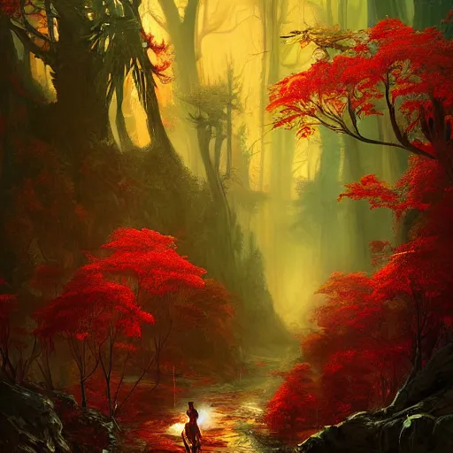Image similar to red autumn forests belonging to the skeleton men, fantasy character portrait by tyler edlin, antoine blanchard, thomas cole