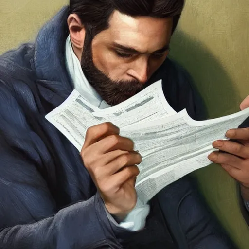 Prompt: a man is holding his head while reading the bill in his hand. fine art, trending on artstation, smooth draw, sharp focus, digital art, bright colors, fine draw. - n 4