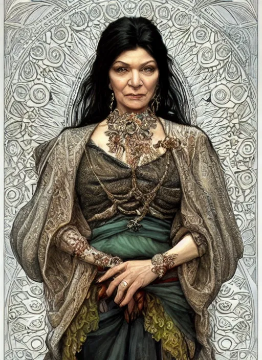 Prompt: Shohreh Aghdashloo as feisty Iranian woman, tasteful portrait, intricate, elegant, highly detailed, centered, digital painting, artstation, concept art, smooth, sharp focus, illustration, art by artgerm and donato giancola and alphonse mucha