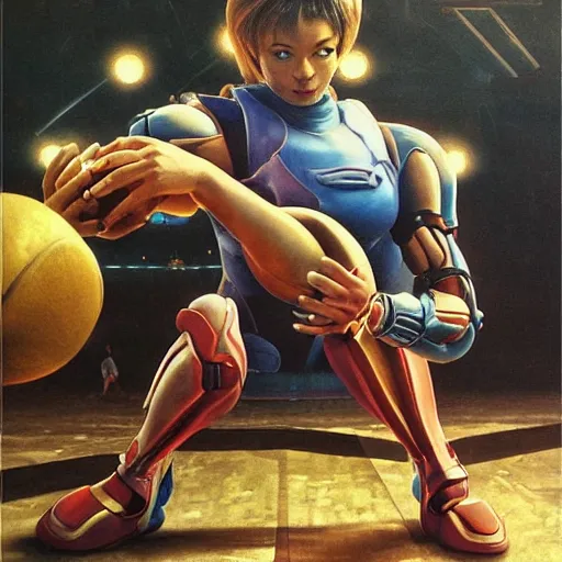 Prompt: samus aran from metroid playing basketball, extremely detailed masterpiece, roger deakin ’ s cinematography, oil on canvas, norman rockwell