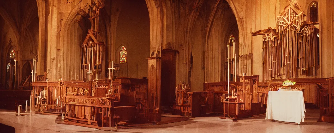 Image similar to interior of a church with an altar of spaghetti, canon 5 0 mm, cinematic lighting, photography, retro, film, kodachrome, closeup