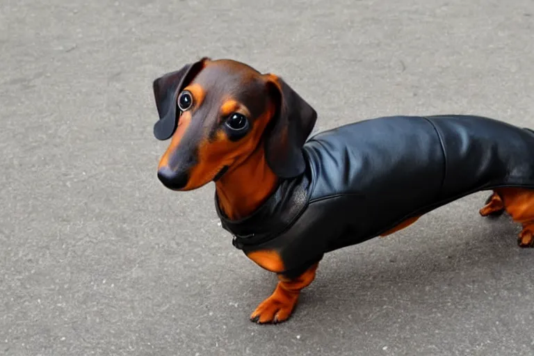 Prompt: Dachshund wearing a leather coat