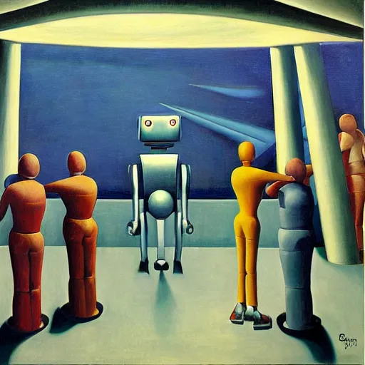 Prompt: robot overlords, spaceship bridge interior, view of earth, blue and gray, pj crook, edward hopper, oil on canvas