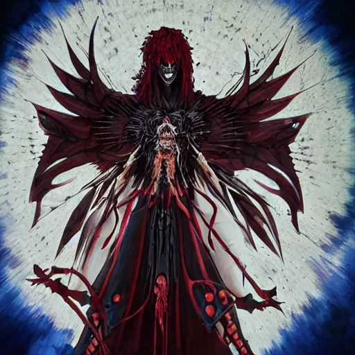 Prompt: 4K headshot of godlike Reaper of Nazareth with defined arms and open hands and bloody clothes with giant mandala wings , intricate face , flawless anime cel animation by Kentaro Miura, psychedelic , highly detailed upper body , professionally post-processed , beautiful, scary, symmetry accurate features, epic, octane rendered, anime masterpiece, accurate by Craig Mullins, ilya kuvshinov, krenz cushart, epic , artgerm trending on artstation by Edward Hopper and Dan Mumford and WLOP and Rutkovsky, beksinski carl spitzweg moebius and tuomas kocar, intricate artwork by caravaggio, Unreal Engine 5, Lumen, Nanite