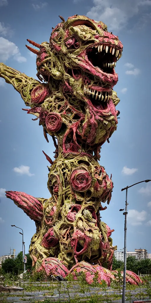 Image similar to colossal grotesque prehistoric alien predator flower made from best unfulfilled mankind projects in the middle of abandoned post soviet constructivist cityscape, Stalinist architecture, ultradetailed, Intricate by Hayao Miyazaki and Josan Gonzalez and Makoto Shinkai and Giuseppe Arcimboldo and Wes Anderson