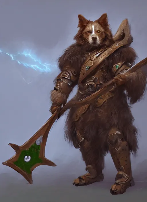 Prompt: A humanoid dog in heavy armor, brown and white fur, holding a green Scythe . In style of Hyung-tae Kim, Greg Rutkowski and Larry Elmore, concept art, trending on ArtStation, Korean MMORPG, over-detailed art, 8K, epic, dynamic lightning, scenery.