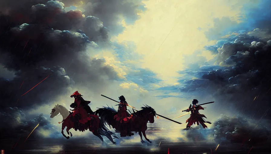 Prompt: baroque oil painting of key visual great samurai battle, rain, storm, final fantasy, fake detail, trending pixiv fanbox, acrylic palette knife, style of makoto shinkai takashi takeuchi yoshiyuki sadamoto greg rutkowski chiho aoshima