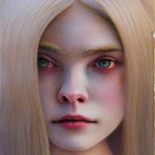 Image similar to Painting of Elle Fanning in creepy world, long blonde hair, delicate, pale milky white porcelain skin, by Beksinski. 8K. Extremely detailed.