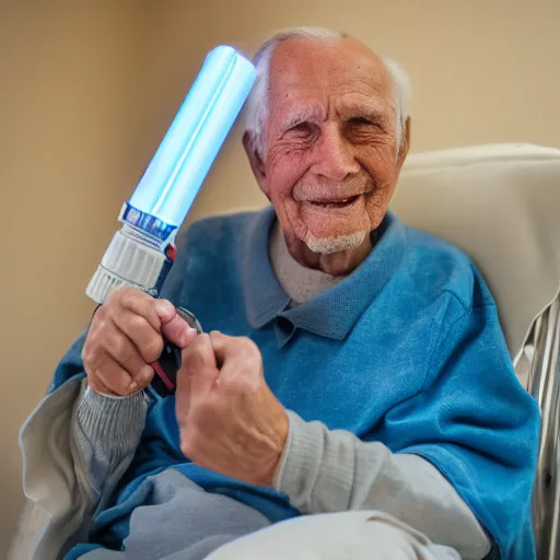 Image similar to elderly man with lightsaber in a nursing home, canon eos r 3, f / 1. 4, iso 2 0 0, 1 / 1 6 0 s, 8 k, raw, unedited, symmetrical balance, wide angle