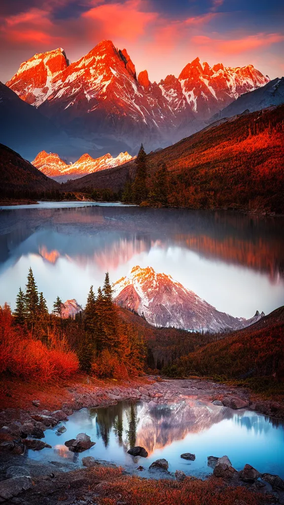 Image similar to amazing landscape photo of mountains with lake in sunset by marc adamus, beautiful dramatic lighting