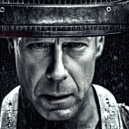 Image similar to Bruce Willis as samurai , heavy rain ,dramatic, intricate, highly detailed, smooth, sharp focus, film still, 8K