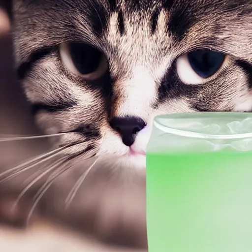 Prompt: realistic photo of a cat chilling out on the beach and drinking from a glass with a straw