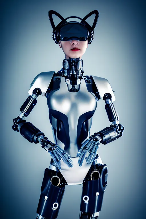 Image similar to cybernetic ultra high tech female robot with cat ears, sci - fi, cyberpunk, high tech, futurism, exoskeleton, symmetry, cinematic, elegant, luxury, perfect light, perfect composition, dlsr photography, sharp focus, 8 k, ultra hd, sense of awe, highly detailed, realistic, intricate, science journal cover