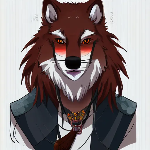 Image similar to key anime visual portrait of an anthropomorphic male wolf furry fursona in tribal clothing, handsome eyes, trending on artstation, furaffinity