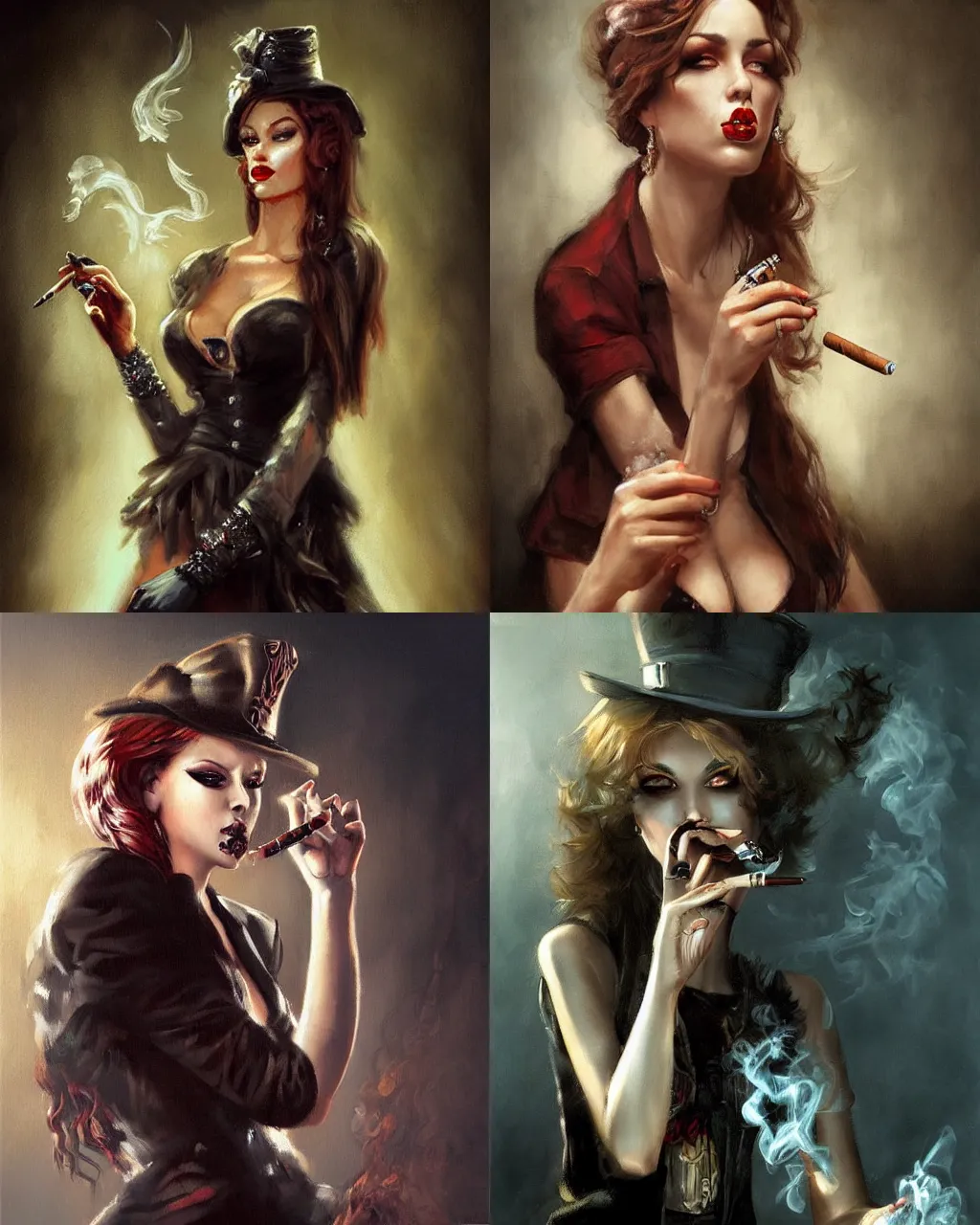 Prompt: mafia princess smoking a cigareete, portrait, by tony sart and WLOP, dark fantasy grunge art