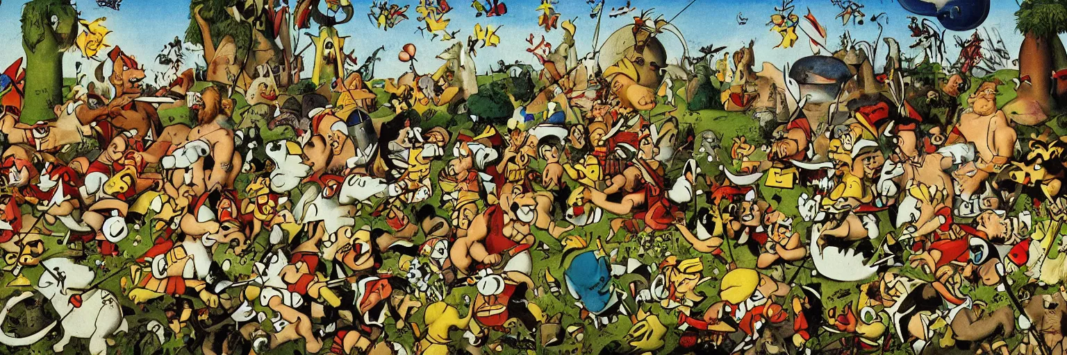 Prompt: Asterix and Obelix in the Garden of Earthly Delights. highly detailed, Tintin, Snowy, Professor Calculus