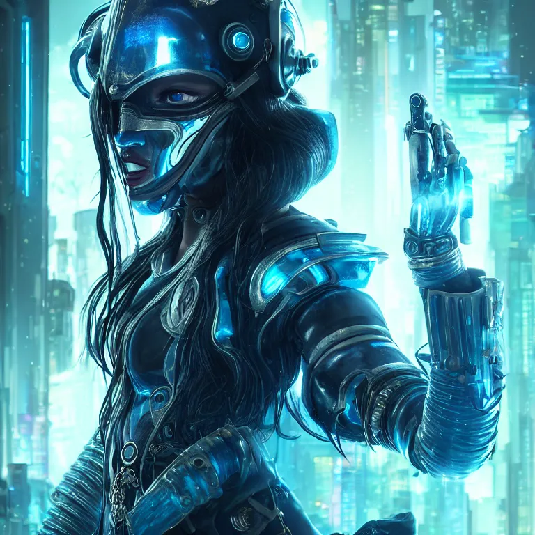 Prompt: beautiful cinematic poster, a cyberpunk female wearing an armored mask and ornate silver pirate hat, brilliant blue flowing hair, beautiful glowing eyes, wideshot ultrawide angle epic scale, hybrid from the elden ring and art direction by darius zawadzki, wayne reynolds artstation ; cinematic quality character render ; low angle ; ultra high quality model, quality cinema model