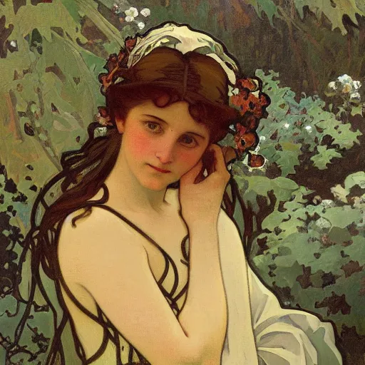 Image similar to a beautiful painting of a young girl in the scottish highlands, underexposed and overcast, by alphonse mucha, john sargent, and octane.