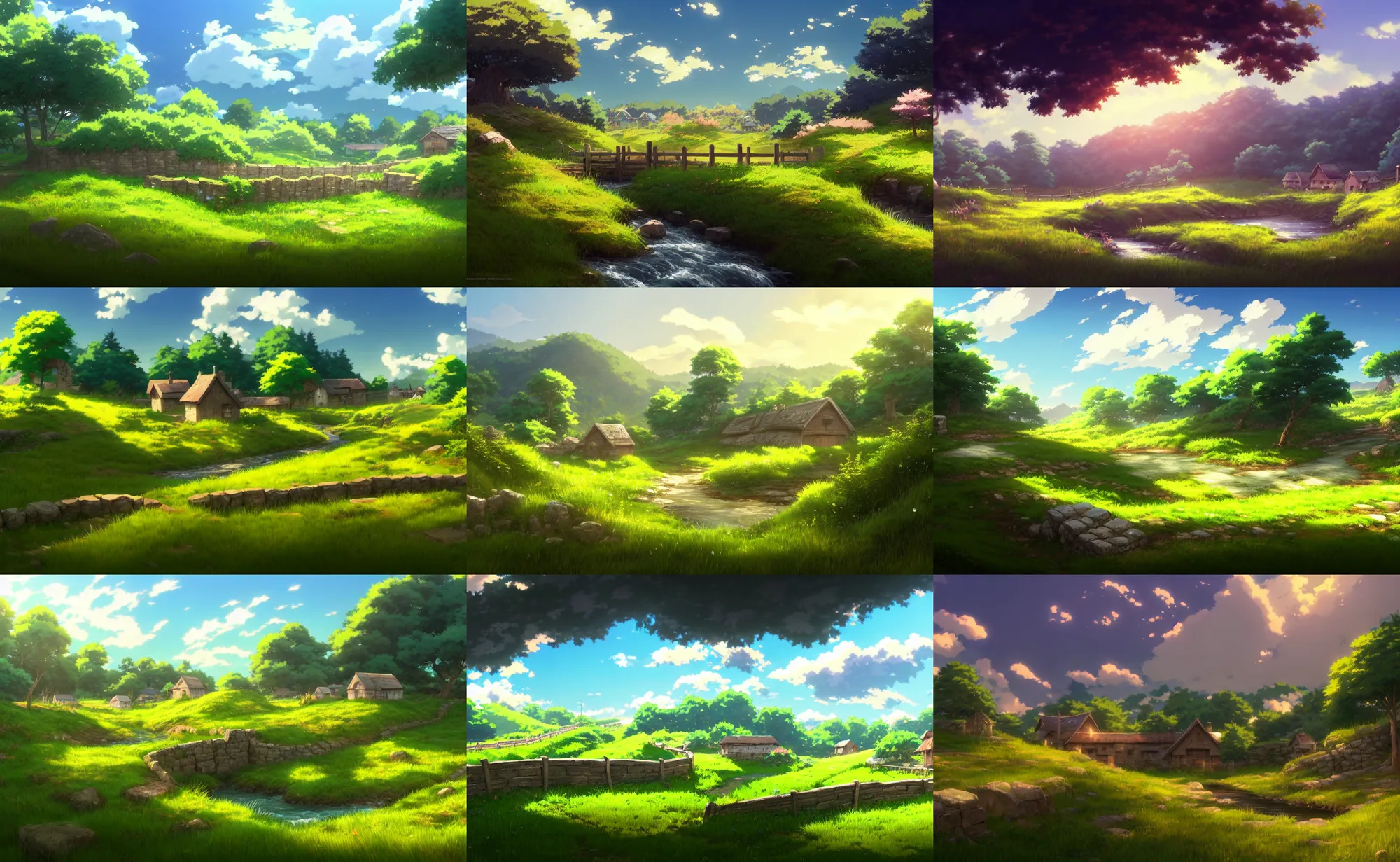 Prompt: an anime movie background matte painting of a meadow in the countryside, rolling hills, cottages, rough wooden fence, babbling brook, stone wall, by Makoto Shinkai, trending on Artstation, highly detailed