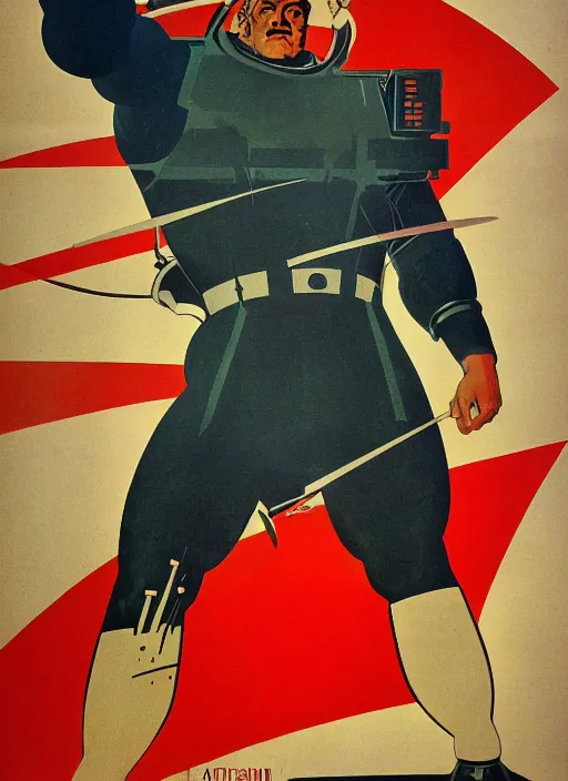 Prompt: soviet propaganda poster. cyberpunk heavy weapons guy. portrait by jean giraud and anton otto fischer and john philip falter and will eisner and gil elvgren