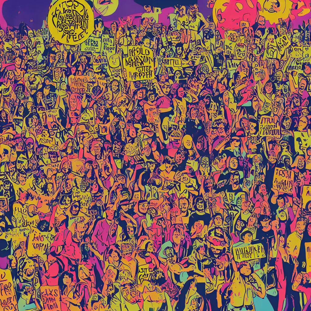 Image similar to a 60's psychedelic poster of hippies protesting against computers and artificial intelligence, sign with a computer