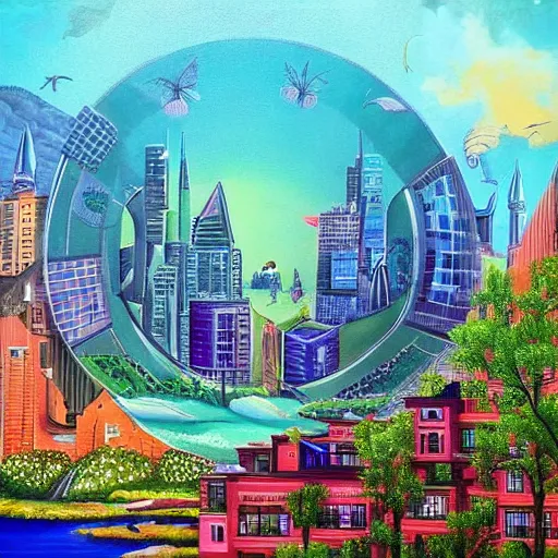 Prompt: Beautiful city of the future in harmony with nature. Nice colour scheme, cool. Beautiful detailed painting by Lurid. (2022)