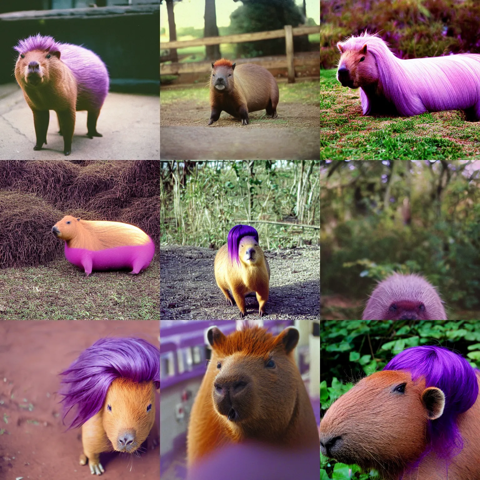 Prompt: 3 5 mm film photo of capybara with a purple wig