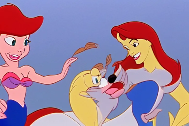 Prompt: still from the animated disney cartoon, little mermaid enlists in the navy