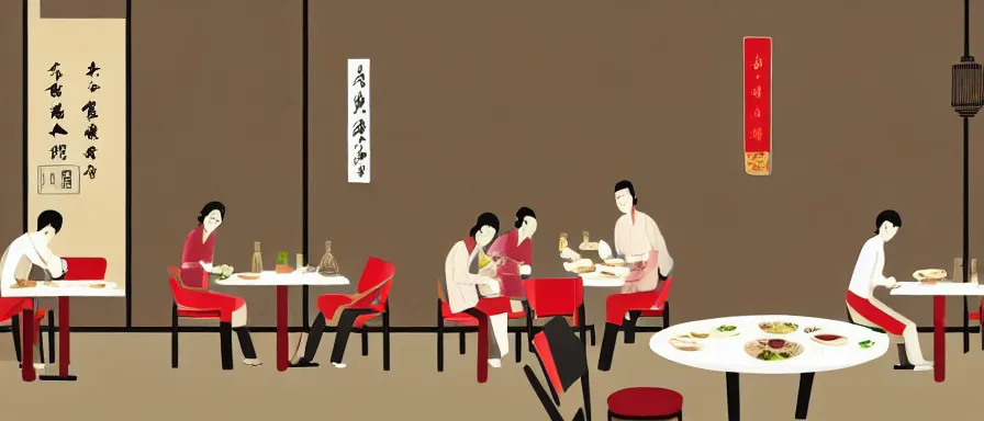 Image similar to a beautiful interior view illustration of a small roasted string hotpot restaurant in yan'an city, wall corner, chinese mountain architecture, restaurant wall paper is tower amd mountain, rectangle white porcelain table, people are eating, black chair, animation illustrative style, from china, simple style structure decoration design, victo ngai, james jean, 4 k hd