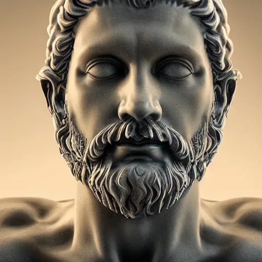 Image similar to centered detailed portrait of the white marble statue of Zeus, medium shot, elegant pose, fantasy, illustration, slender symmetrical face and body, artstation, cinematic lighting, hyperdetailed, cgsociety, 8k, high resolution, single face, insanely detailed and intricate, octane render, golden ratio, dark fractal background,