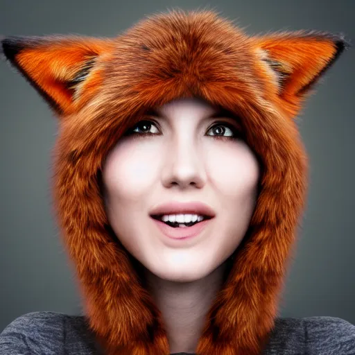 Image similar to woman with fox ears and fox facial features, furry face, close - up, headshot, detailed, symmetric