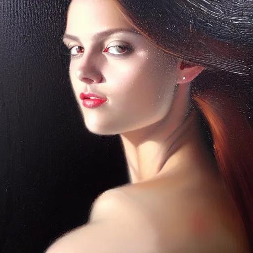 Prompt: Facial portrait of a gorgeous girl, looking away from the camera, seductive smile, sparkle in eyes, lips slightly parted, long flowing hair, no hands visible, delicate, teasing, arrogant, defiant, bored, mysterious, intricate, extremely detailed painting by Mark Brooks (and by Greg Rutkowski), visible brushstrokes, thick paint visible, vibrant colors, studio lighting