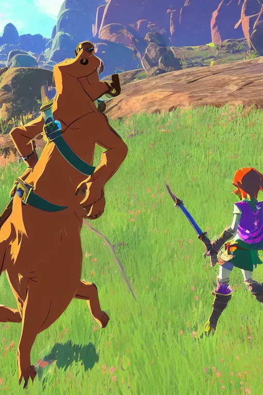 Image similar to in game footage of scooby doo from the legend of zelda breath of the wild, breath of the wild art style.