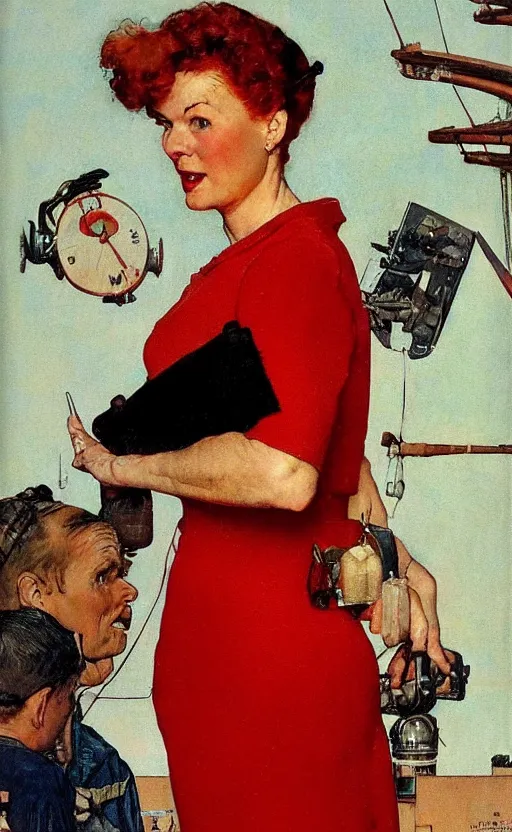 Image similar to a portrait made by norman rockwell!! of a red head woman! on an ocean liner!!!