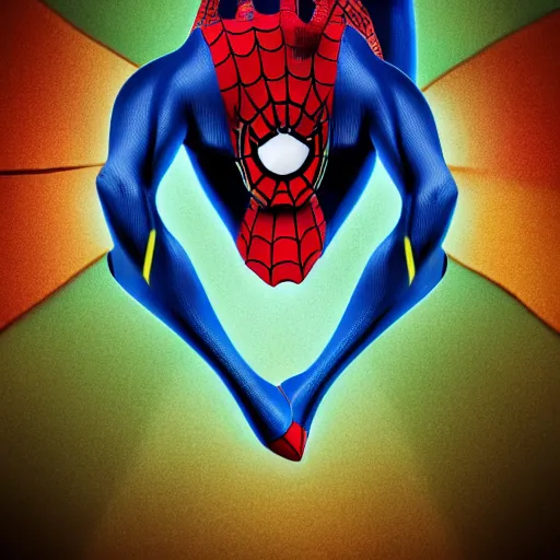 Image similar to Spiderman in a costume with blue, green, yellow, and red colors, realistic photo